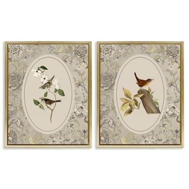 Imagem de Stupell Industries Conjunto de tela flutuante vintage Birds & Toile com moldura dourada de 2 peças por Radhika Modi, 21 x 17