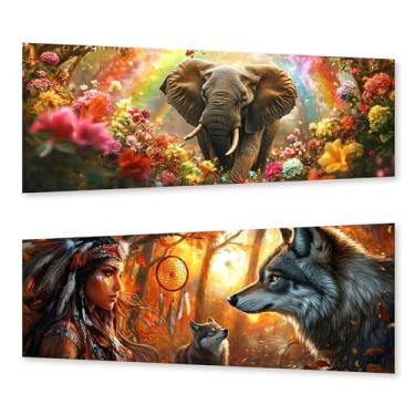 Imagem de Zariocy Pacote com 2 kits de arte de diamante grandes para adultos elefante e mulher lobo, arte de pintura de diamante faça você mesmo redonda broca completa cristal bordado pinturas artísticas