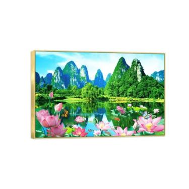 Imagem de BMZFYBS Impressão em tela de paisagem - Montanha árvore lago lótus-natureza arte de parede imagem chinoiserie quadro dourado decoração pôster 60x90cm24x35in