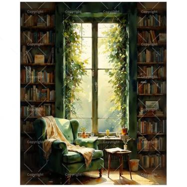 Imagem de Kit de pintura de cena interior por números para adultos – recanto de leitura DIY com pintura de cadeira verde em tela 40,6 x 50,8 cm, conjunto de tinta acrílica, adequado para iniciantes, arte