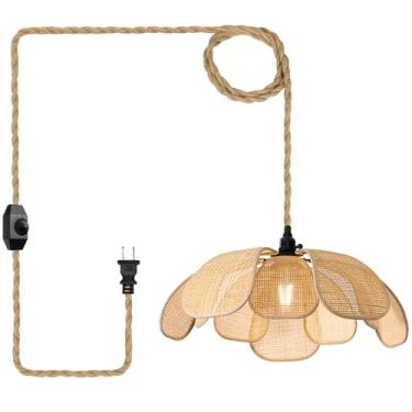 Imagem de Haolaike Lustres Boho Plug in Rattan Luzes Penduradas Flor Pingente Luz com Interruptor On/Off 4,5 m Corda de Cânhamo Abajur Tecido à Mão Lâmpada Pendurada Quarto Flor Luminária para Sala de Jantar