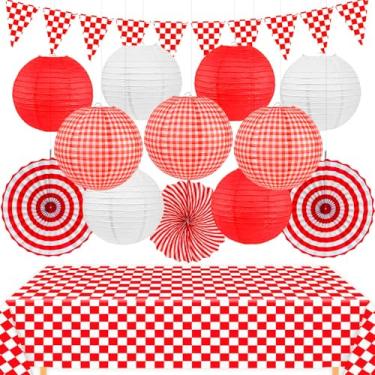 Imagem de 14 peças de suprimentos de festa guingão vermelho, decorações de festa vermelhas e brancas incluem ventiladores de papel pendurados, lanternas de papel, faixa quadriculada, toalha de mesa descartável