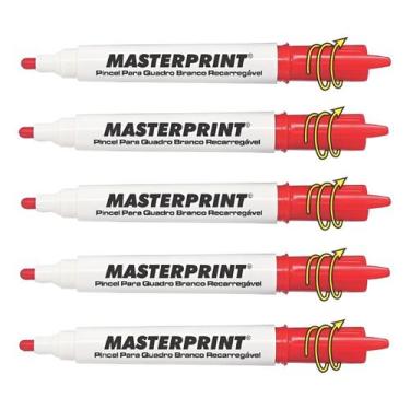 Imagem de Kit 5 Marcador Caneta Pincel Quadro Branco Lousa - Masterprint, Vermel