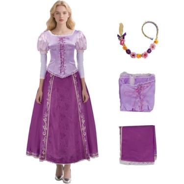 Imagem de Saephaw Vestido Rapunzel fantasia de princesa para mulheres roxo lepe cosplay top saia com peruca trançada tiaras para o dia das bruxas, Roxa, M