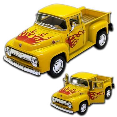 Imagem de Carrinho De Ferro Miniatura Ford F100 Pickup 1956, 12,5 CM, miniatura de carro colecionável, abertura de portas laterais, rodinhas de borracha com fricção (Amarelo estampado)