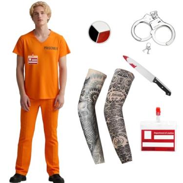 Imagem de Kicpot Fantasia de prisioneiro masculino feminino laranja prisão traje de prisão fantasia de criminoso adulto Halloween uniforme de prisão, Laranja, Medium