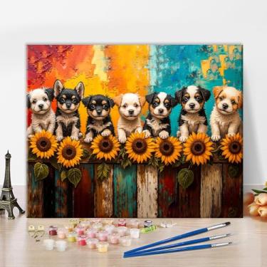 Imagem de Kits de pintura por números para adultos em tela, filhotes pintados por números, pintura de filhotes na cerca por números para adultos, arte em tela de pintura fácil com números para decoração de casa