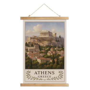 Imagem de Pôster de arte de parede Atenas Grécia, impressão vintage de viagem com marco da Acrópole do Partenon, rolo de lona de linho com moldura de madeira, decoração de cidade europeia para sala de estar