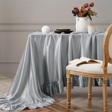 Imagem de Vonty Toalha de mesa de cetim cinza prata - 152 x 213 cm, toalha de mesa sedosa, retangular, recortada, capa de mesa de fazenda, toalhas de mesa de seda, saia vintage para cozinha e jantar