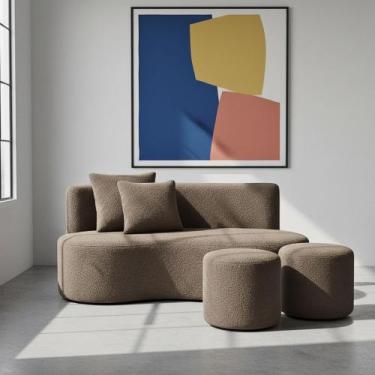 Imagem de Conjunto Sofá Curvo Orgânico + 2Puffs Nature Gaia Boucle Cappuccino - 