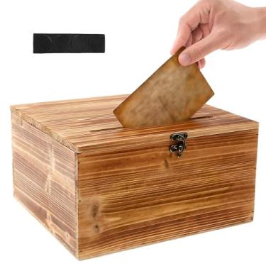 Imagem de YLMFTNU Caixa de cartão de casamento de madeira, caixa de envelope de madeira com fechadura, caixas de cartão de presente de 25,4 x 28 x 15,2 cm com tampa de compartimento, armazenamento para