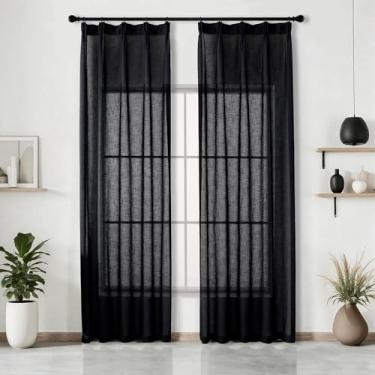 Imagem de Ftinala Cortinas pretas semitransparentes 2 painéis de 2 painéis, cortinas de linho sintético temperamentais para sala de estar, cortina de porta de vidro deslizante, tratamentos de janela, prega de