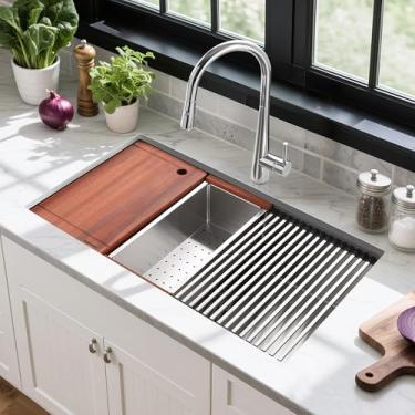 Imagem de Estação de trabalho de pia de cozinha de 68,5 cm, SINKVINE 65 x 19 churrasqueira para pia externa, bacia única de aço inoxidável com tábua de corte de madeira, escorredor SST com cabo de madeira e