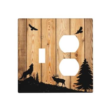 Imagem de Retro rústico lobo veado floresta madeira marrom 2 Gang 1 interruptor 1 duplex combo interruptor de luz placa decorativa placa de parede placa elétrica receptáculo placa frontal para decoração de casa