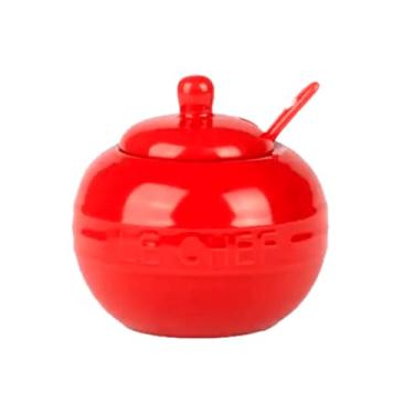 Imagem de Pote de Cerâmica para Condimentos 300ml com Colher – Açucareiro Vermelho Brilhante Tampa Elegante Design Moderno Produto Premium para Açúcar Café e Temperos