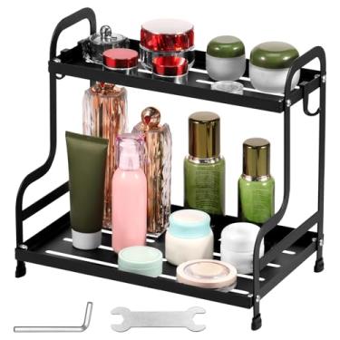 Imagem de HJJWNDDNG Organizador de balcão de especiarias de 2 níveis, grande capacidade, cozinha, mesa, prateleira, metal, banheiro, cosméticos, prateleira para quarto, banheiro (preto)