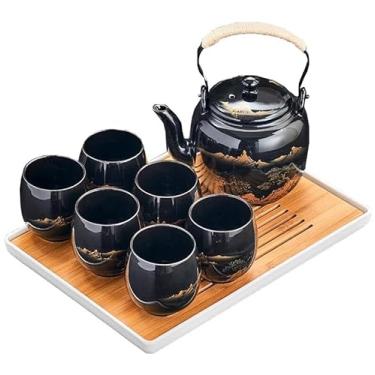Imagem de Conjunto de chá preto com bandeja, conjunto de chá de porcelana preta, 1 conjunto de bule, 6 xícaras de chá, 1 bandeja de chá, 1 filtro de aço inoxidável, conjunto de chá de cerâmica requintado para