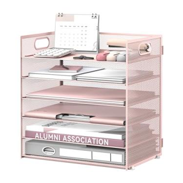 Imagem de Daltack Organizador de papel de 6 camadas para mesa, organizador de bandeja de papel para mesa, organizadores de arquivos de mesa de malha com alça para escritório, casa, escola, rosa