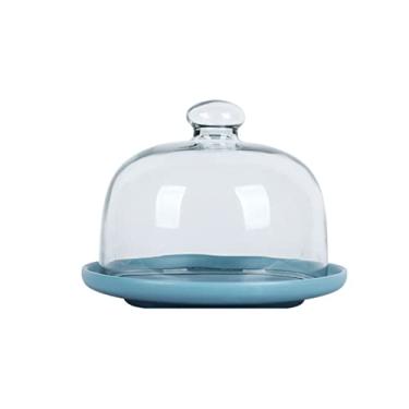 Imagem de Suporte de bolo de sobremesa com tampa de cúpula de vidro transparente, bandeja de servidor multifuncional para festas de aniversário, frutas (azul 15 cm)