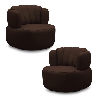 Imagem de Kit 2 Poltronas Decorativas Mariele Sala de Estar Base Giratória Aço Couro Marrom Chocolate