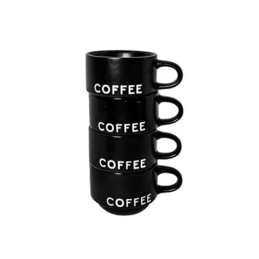 Imagem de Xícaras de café expresso 118 g, conjunto de 4 canecas empilháveis de cerâmica Demitasse, preto fosco, para micro-ondas e lava-louças, pequenas xícaras de café para café Macchiato, Ristretto, café
