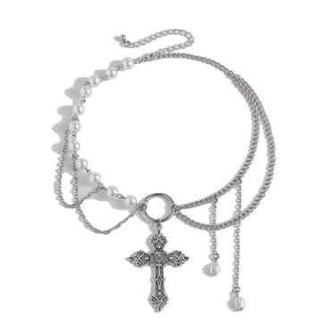 Imagem de Colar Crucifixo Prata Grande Gotico Perola Corrente Punk Rock-Choker Cruz Pingente Gota Pérola Barroca Emo Rockeiro Halloween Vintage-Gargantilha Alternativo Gótica Assimétrico Elos Duplos Ajustável Pescoço Robusto