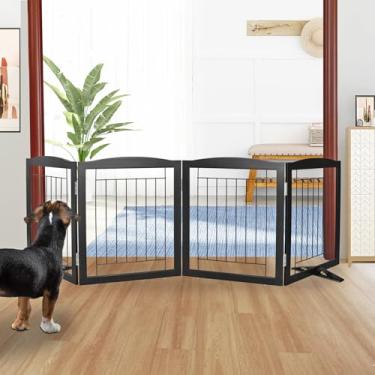Imagem de ZJSF Cerca interna independente para cães, portão dobrável para portas, escadas ou corredores, portão extra largo de madeira resistente para animais de estimação com pés de suporte para casa, preto