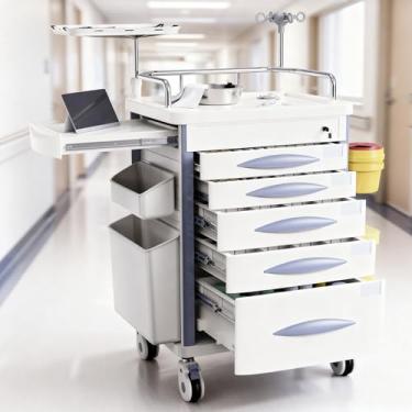 Imagem de OLERN Carrinho de armazenamento médico de emergência com gavetas - placa CPR, poste IV, rodízios silenciosos, lixeira, suporte de O2, gaveta com divisórias, caixa de arquivos, carrinho de enfermagem