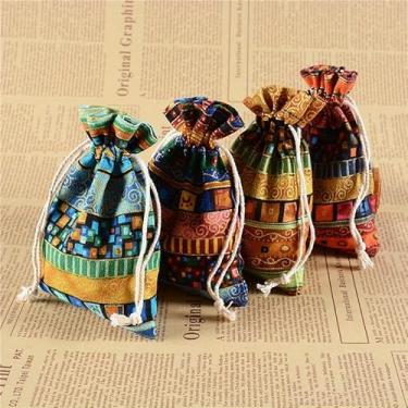 Imagem de 4 peças de sacos de cordão boêmio bolsas de tecido colorido design étnico embalagem de joias para presente para lembrancinhas de festa, casamento, viagens, misturas aleatórias.