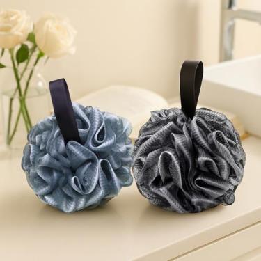 Imagem de 2 esponjas de bucha para mulheres, 50 g de esponja de banho esfoliante, esponja de banho de malha para limpeza diária, preto + azul marinho