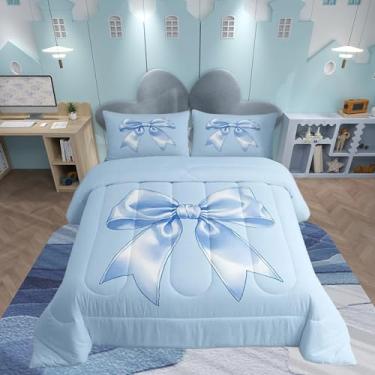 Imagem de Feelyou Conjunto de edredom com laço azul, para meninas, com 1 fronha, fofo, laço, microfibra, solteiro, kawaii, decoração de quarto, estilo princesa sonhadora, edredom respirável, macio e leve