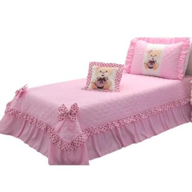 Imagem de Cobre Leito Infantil e Juvenil 3 Peças, Colcha Solteiro com Babados, Microfibra, Ursinha, 150x215cm, com Porta Travesseiro e Capa de Almofada (Kit Ursinha Babados Rosa)