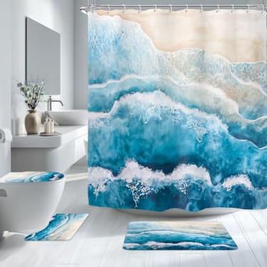 Imagem de Riyidecor Conjunto de 4 peças de cortina de chuveiro para banheiro com ondas oceânicas, azul mar, litoral, náutico, decoração com tapetes e acessórios, tapete moderno para tampa de vaso sanitário à
