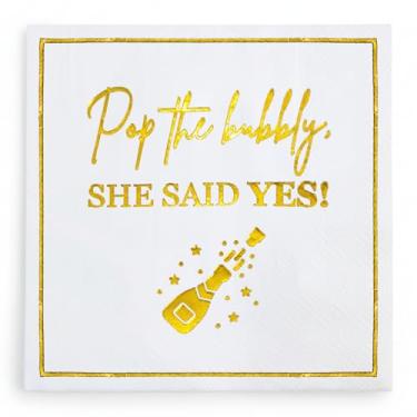 Imagem de Guardanapos de noivado She Said Yes Dourados "Pop the Bubbly, She Said Yes!" Decorações, Guardanapo de coquetel de papel Estamos noivos, celebrações de casamento, decoração de chá de noiva de