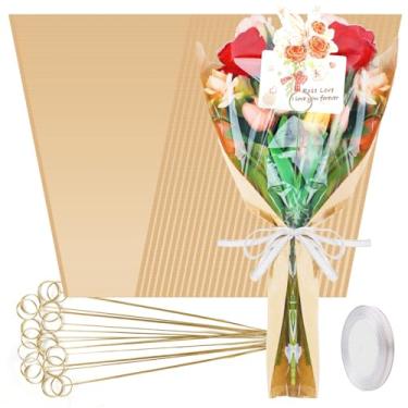 Imagem de 50 peças de papel de embrulho de flores para buquês com 50 peças de porta-cartões florais palhetas e fitas, sacos de papel de embrulho kraft para barra de flores, dia das mães, formatura, dia dos