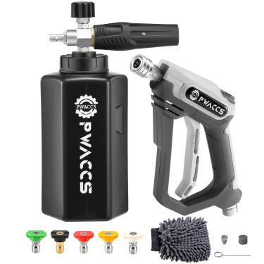 Imagem de PWACCS Pistola De Espuma Para Lavadora Alta Pressão, Curta Canhão Kit Lavagem Carros Com Conector Rápido 1/4", Cabo Pressão Entrada Macho M22, 4000 Psi, 1,5 Litro