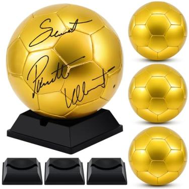 Imagem de Hiboom Bola de futebol autografada dourada com suporte de exibição bomba de ar para troféus, aniversário, ensino médio, faculdade, treinador, presente, festa de campeonato (1 peça, tamanho 2)