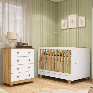 Imagem de Quarto de Bebê com Cômoda 4 Gavetas e Berço 4 em 1 Minicama 100% Mdf Mike Espresso Móveis Branco Brilho/Amêndoa