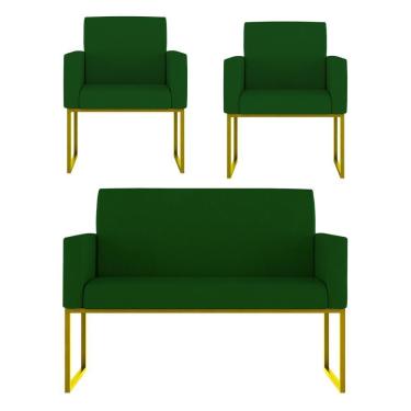 Imagem de Kit 2 Poltronas + Namoradeira Lugares Recepção Base Dourada Verde