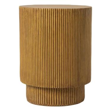 Imagem de LeisureMod Mesa lateral moderna redonda de fibra de pedra superior para casa, pátio ao ar livre, sofá de sala de estar, resistente ao clima, série Eden em marrom