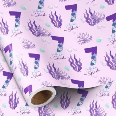 Imagem de RUSPEPA Rolo de papel de embrulho de 7º aniversário, mini rolo, cauda de sereia roxa número 7 e embrulho de presente com texto "Make a Splash" para meninas, festa de aniversário infantil, 43 cm x 40