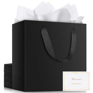Imagem de EUSOAR Sacos de presente pretos, 20 peças de 31,8 x 11,4 x 28 cm, sacos de papel Kraft grandes com alças, 50 peças de papel branco de 50,8 x 76,2 cm e 20 cartões brancos em branco dourado para compras