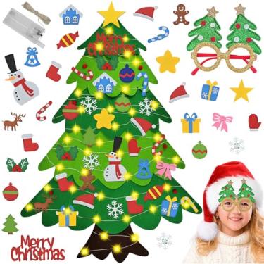 Imagem de Gosuoa Árvore de Natal de feltro para crianças pequenas, árvore de Natal infantil de 10 m com 34 peças, enfeites destacáveis DIY e luzes de floco de neve, árvore de Natal para parede