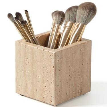 Imagem de Suporte de escova de dentes de mármore natural luxuoso e organizador de pincéis de maquiagem e suporte de caneta para mesa, suporte de utensílios de mármore quadrado de 10 cm, não cerâmica/sem resina