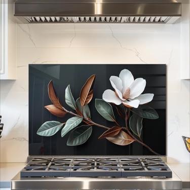 Imagem de fzxwyishu Backsplash de cozinha de vidro temperado, tampa superior traseira de fogão, azulejo respingo, capa de pia de cozinha magnólia, proteção contra respingos, decoração de cozinha doméstica (76,2