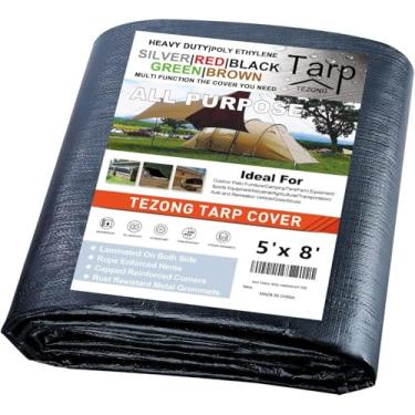Imagem de Lonas resistentes à prova d'água 1,5 x 2,4 m, lona de plástico preta TEZONG 16 mil capa de lona para uso externo para chuva de emergência, móveis de pátio, madeira, telhado, acampamento, carro