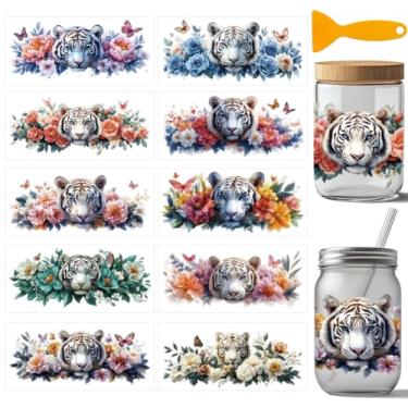 Imagem de arricraft 10 folhas animais flores UV DTF copo envoltório para vidro de 473.6 g, padrões de flores silvestres de tigre branco esfregar em decalques adesivos de transferência de PVC para copos DIY