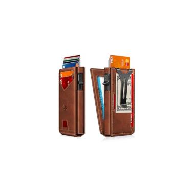 Imagem de Carteira masculina, fina minimalista com clipe para dinheiro e janela para identidade, porta-cartão de crédito pop-up com bloqueio de RFID, carteira masculina inteligente de alumínio para 9 a 13