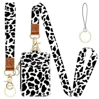 Imagem de Porta-crachá de identificação 2 em 1 com estampa de vaca e carteira com cordão para professores, enfermeiras, profissionais - linda bolsa de moedas com zíper, alça de pulso removível e cordão de
