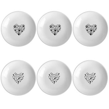 Imagem de Conjunto de 6 tigelas de cerâmica para comida de gato, pratos rasos de coração para gatos e cães pequenos, design adequado para bigodes, fácil de limpar com dois estilos de padrões